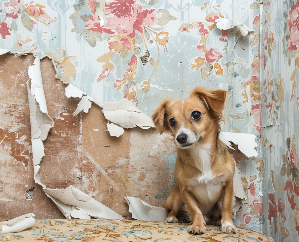 A damaged section of wallpaper on a wall