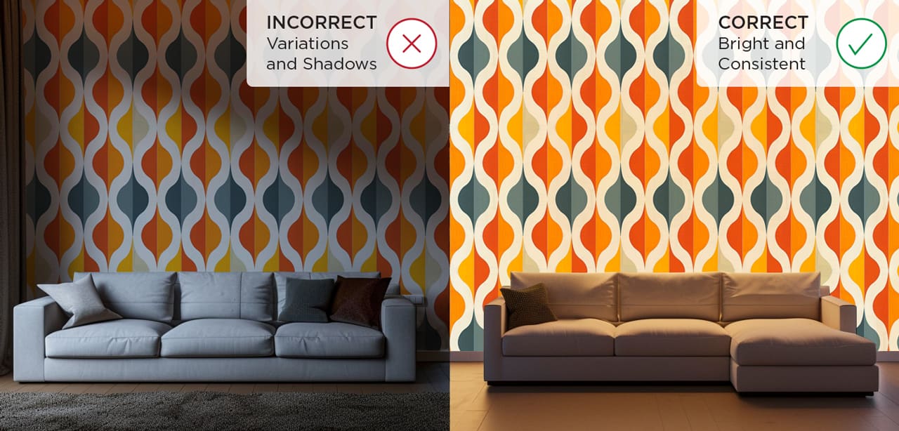Comparison of lighting environments and how they affect the clarity of wallpaper patterns