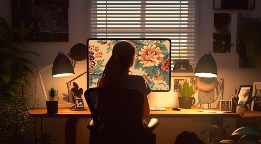 Photo girl sitting at a computer looking at a floral wallpaper pattern