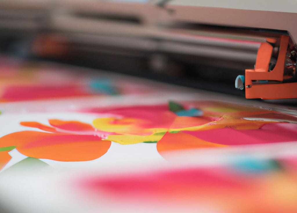 Image of floral patern being printed by a digital press