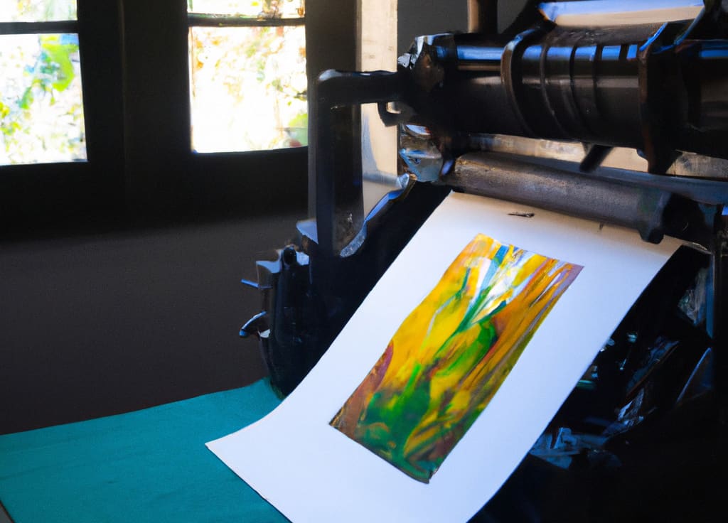 Image of a gravure press with a colorful print