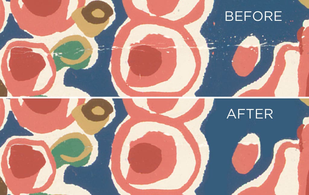 Side by side comparison of damaged wallpaper sample and a digitally restored copy